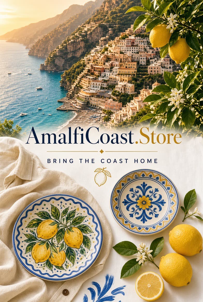 Positano at golden hour above a table of handmade Vietri plates and lemons