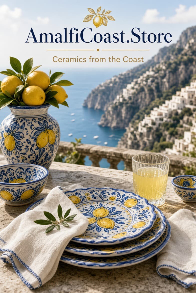 Hand-painted Vietri ceramics on a stone terrace overlooking the sea