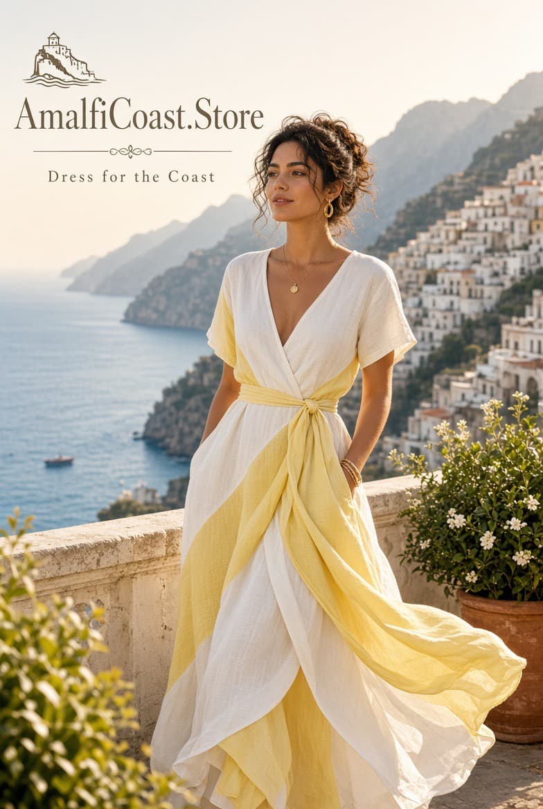Positano linen wrap dress on a terrace above the Amalfi Coast