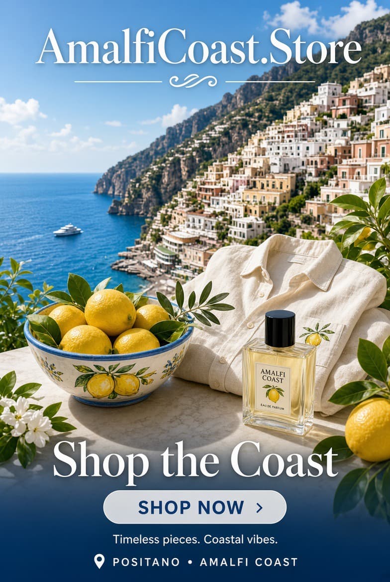 Handmade Amalfi ceramics, Positano linen, and coastal perfume on a terrace above the sea