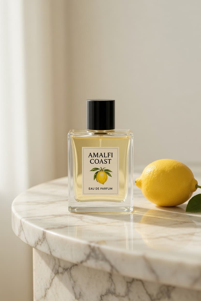 Amalfi Coast eau de parfum bottle with a lemon on marble