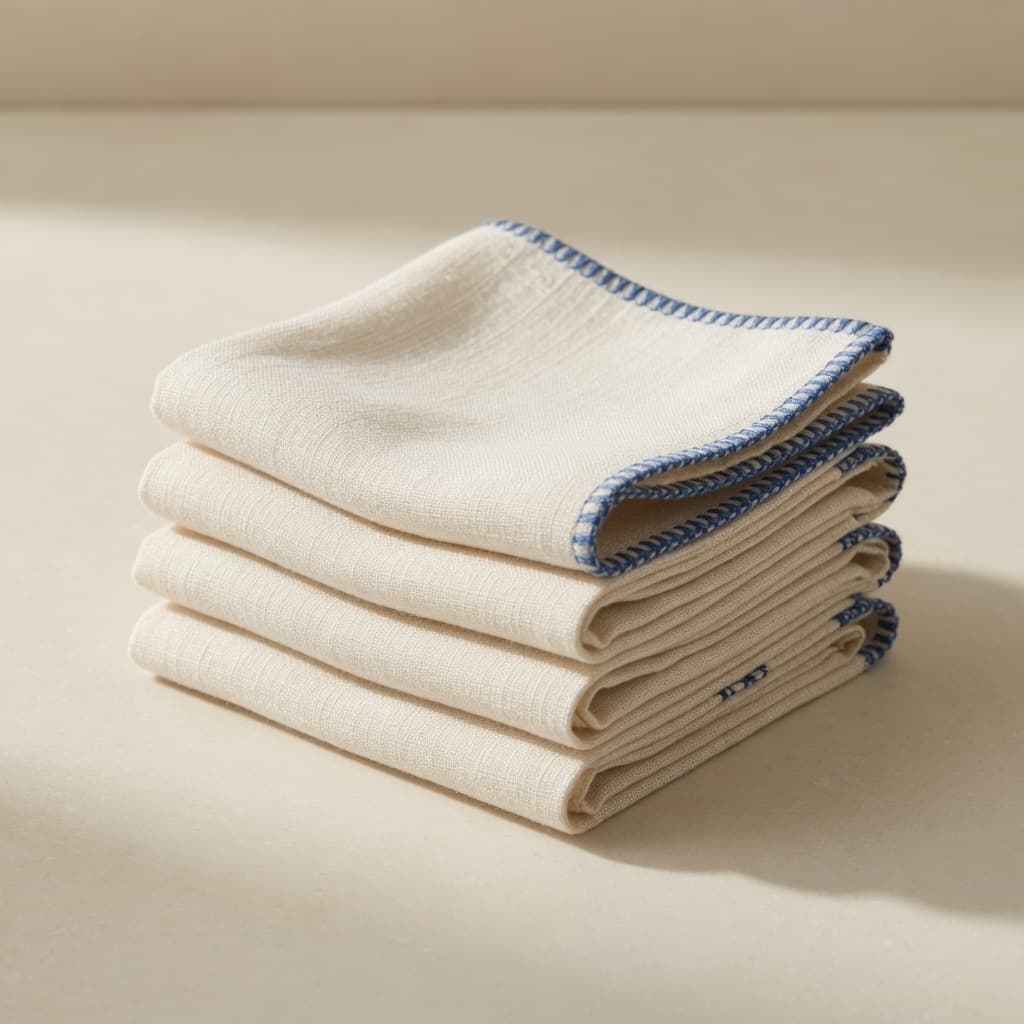 Folded cream linen napkins with a blue stitched edge