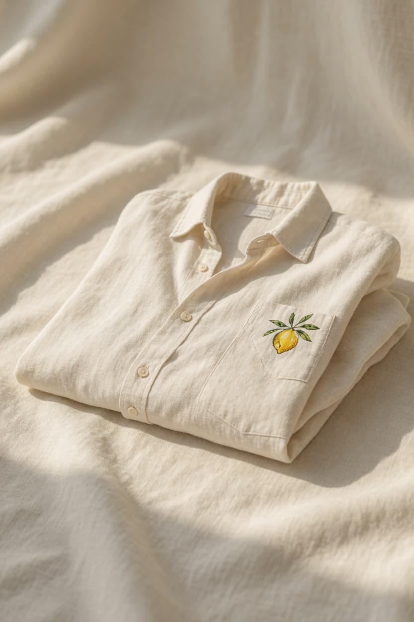 Folded cream linen shirt with a painted lemon near the pocket