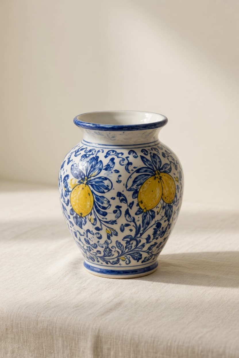 Tall blue and white maiolica vase painted with yellow lemons