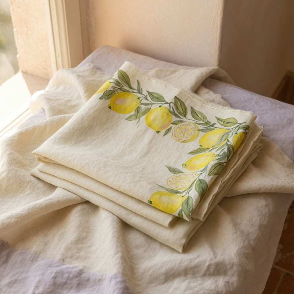 Cream linen scarf with a hand-painted lemon motif