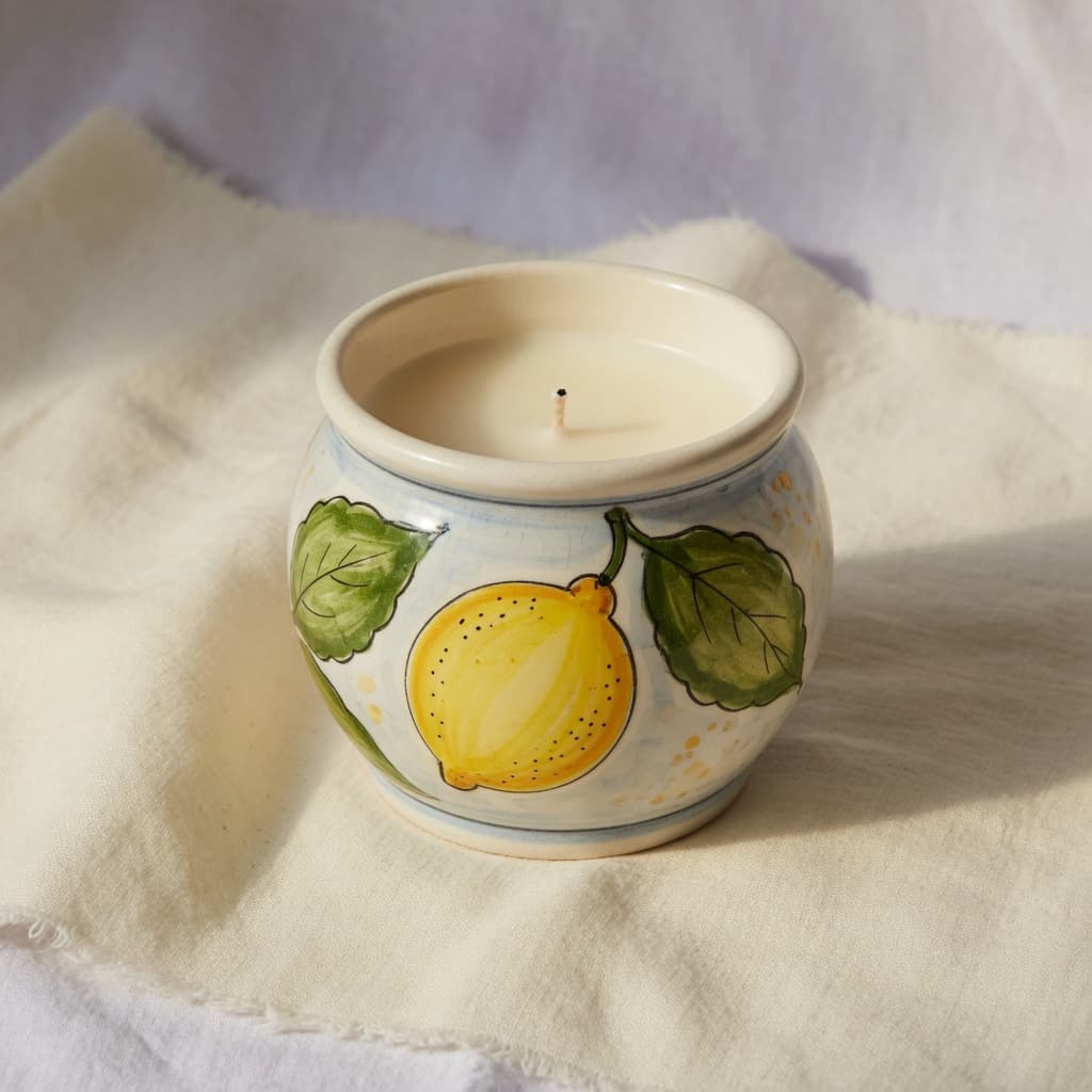 Lemon-scented candle in a painted ceramic vessel