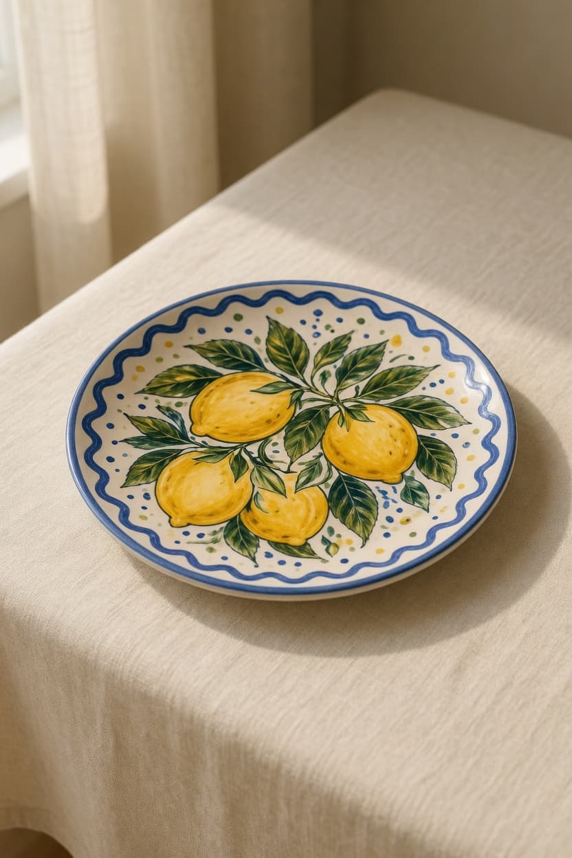 Hand-painted Limone dinner plate with three yellow lemons and a scalloped blue rim