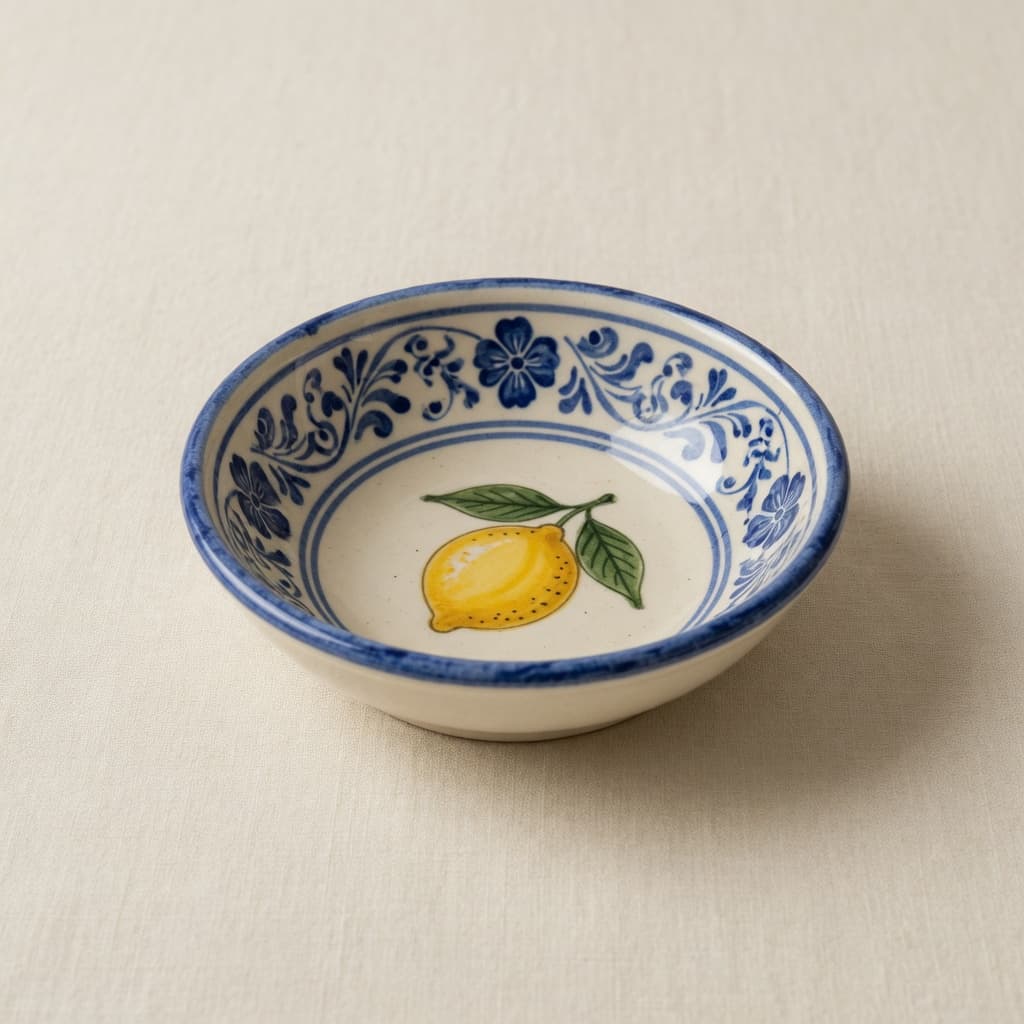 Small cream ceramic dip bowl with a painted lemon and blue rim