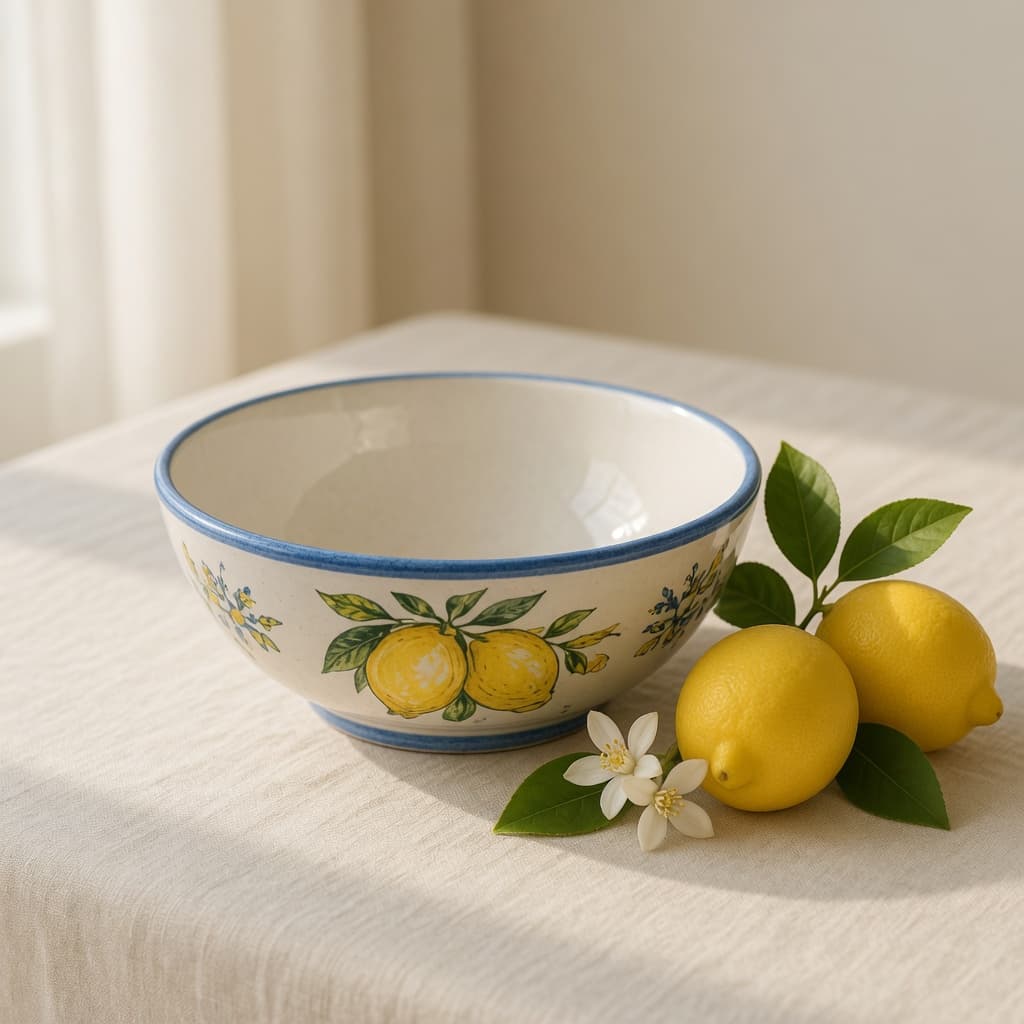 Cream ceramic serving bowl with painted lemons and a blue rim