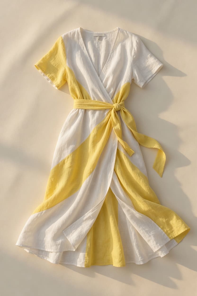 Ivory and lemon linen wrap dress laid flat