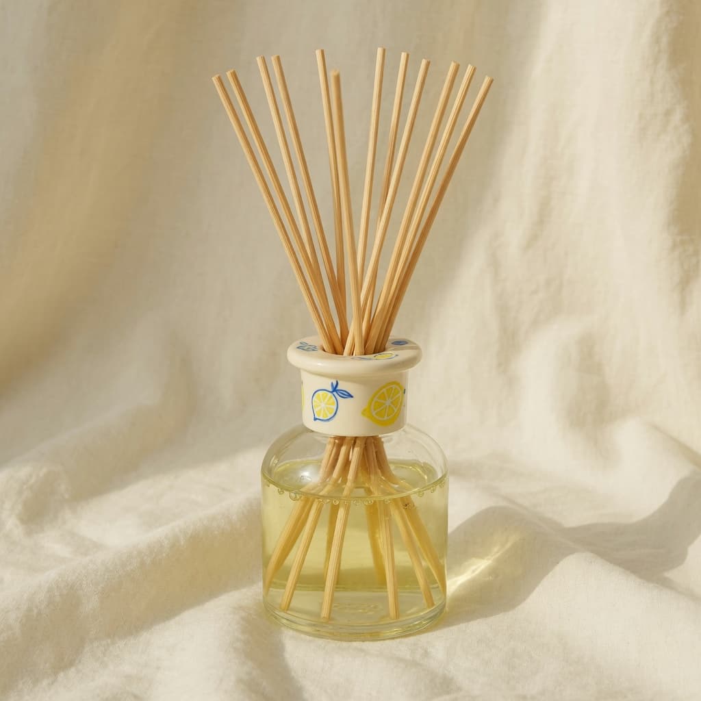 Glass reed diffuser with lemon oil and a ceramic collar