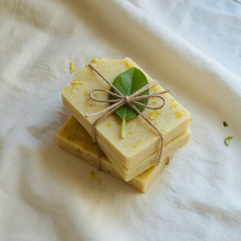 Three hand-cut lemon soaps tied with twine