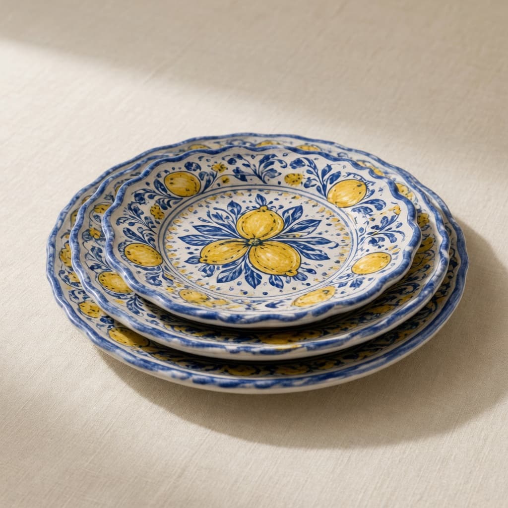 Nested set of three hand-painted lemon and cobalt ceramic plates