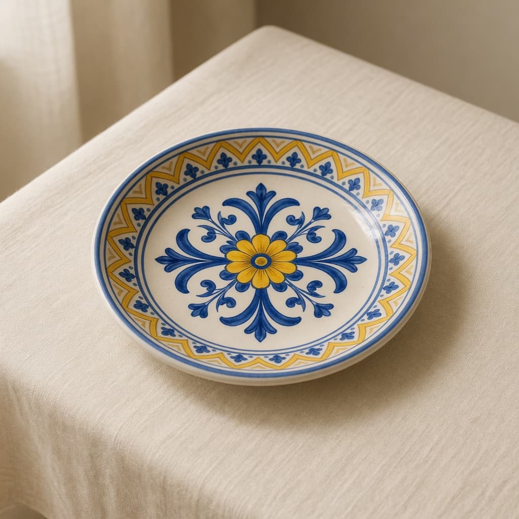 Blue and gold Vietri maiolica plate with a floral geometric center